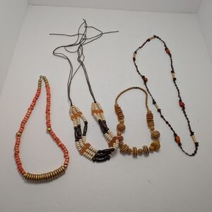 4 Vintage Wooden Beaded Necklaces Various Lengths, Brown, Peach, & Gold Colors